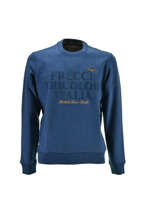 Felpa blu navy con maniche lunghe, colletto tondo e testo in rilievo. Presenta un logo e ricami dorati. Tessuto morbido, vestibilità casual.
