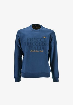 Felpa blu navy con maniche lunghe, colletto tondo e testo in rilievo. Presenta un logo e ricami dorati. Tessuto morbido, vestibilità casual.