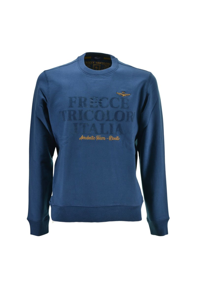 Felpa blu navy con maniche lunghe, colletto tondo e testo in rilievo. Presenta un logo e ricami dorati. Tessuto morbido, vestibilità casual.