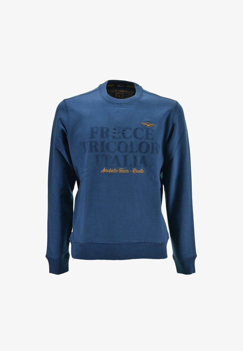 Felpa blu navy con maniche lunghe, colletto tondo e testo in rilievo. Presenta un logo e ricami dorati. Tessuto morbido, vestibilità casual.