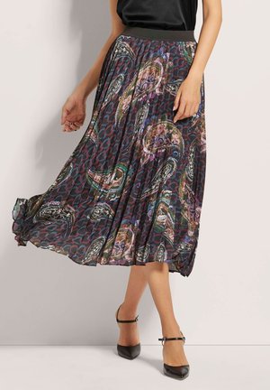 Plissé midi rok met een donker bloem- en paisleypatroon in paarse, groene en blauwe tinten. Elastische taille en lichtgewicht stof.