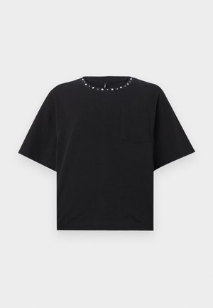 Black short-sleeve t-shirt with a round neck embellished with silver studs and a small chest pocket. Made from soft cotton fabric.