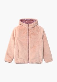 Nepbonten jas in zachtroze met een capuchon, voorzien van een glanzende, reflecterende voering en een ritssluiting aan de voorkant. Inclusief twee zijzakken.