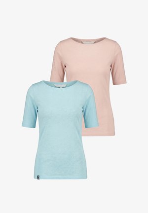 Zwei schlichte T-Shirts mit kurzen Ärmeln und Rundhalsausschnitt, eines hellblau vorne und eines blassrosa hinten, auf weißem Hintergrund dargestellt.