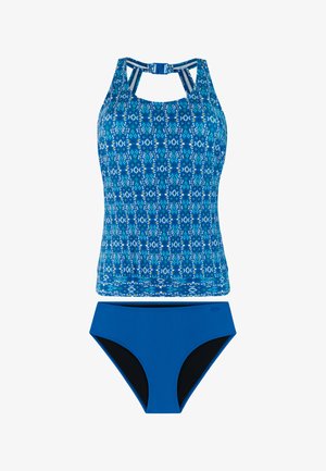 Blauw tweedelig badpak met een patroon tankinitop met een sluiting aan de achterkant en effen, hoog uitgesneden bikinibroekje.