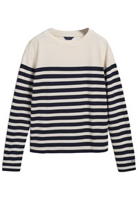 Langärmliges Rundhals-Shirt in Creme mit navy horizontalen Streifen. Hergestellt aus Baumwolle, mit lockerem Schnitt und Logo auf dem Ärmel.