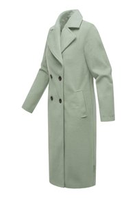 Long manteau en laine vert clair avec large col à revers, boutons noirs croisés et poches latérales fendues, présenté sur fond blanc.