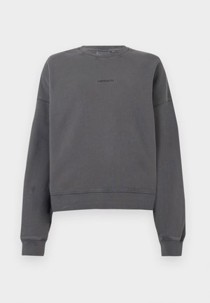 Mørkegrå sweatshirt med rund halsudskæring, lange ærmer, ribbede manchetter og kant, der har et diskret logo på brystet. Blød tekstur.