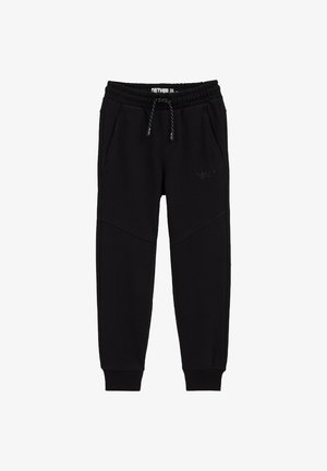 Melnas sporta bikses no mīksta auduma, ar elastīgu jostasvietu un sasienamu auklu, divām sānu kabatām un ribotiem piedurkņu galiem.