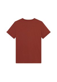 Rūsganas krāsas īsām piedurknēm t-krekls, izgatavots no gludas kokvilnas, ar klasisku apaļu kakla izgriezumu un taisno apakšmalu. Bez grafikas vai rakstiem.