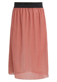 Plisseret midi-nederdel i en rosafarve med sort elastisk taljebånd. Fremstillet af letvægtsstof med vertikale nålestriber over hele stoffet.