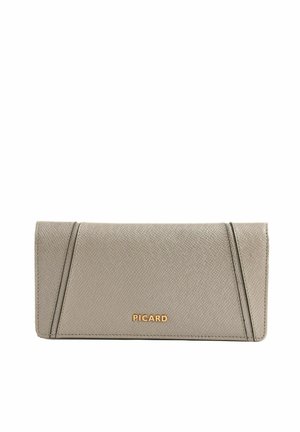 Porte-monnaie beige en cuir texturé avec couture diagonale et logo doré "PICARD" centré sur le rabat avant.