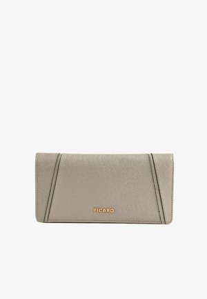 Porte-monnaie beige en cuir texturé avec couture diagonale et logo doré "PICARD" centré sur le rabat avant.