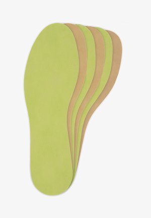 Schoeninlegzolen in vijf lagen; twee in lichtbruin en drie in felgroen met een gestructureerd oppervlak voor steun en comfort.