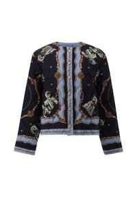 Quilted Jacke aus marineblauem Stoff mit goldener Kette und Tiger-Muster, hellblauen Akzenten, runder Halsabschluß, langen Ärmeln und vorderer Knopfverschluss.