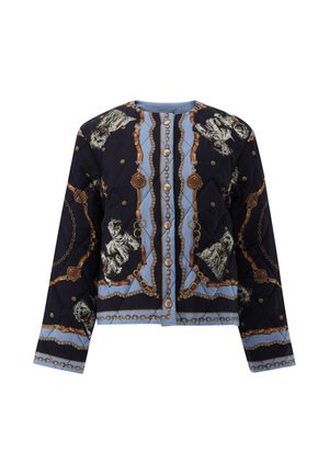 Giacca trapuntata, tessuto blu navy con motivo a catena dorata e tigre, dettagli azzurri chiari, scollatura rotonda, maniche lunghe, chiusura frontale con bottoni.
