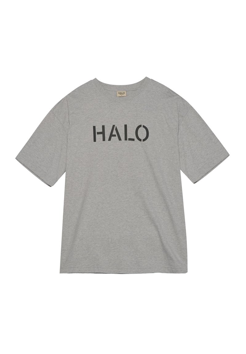 Grå bomullströja med korta ärmar, rund hals, med ordet "HALO" i fet svarta bokstäver över framsidan. Enkelt mönster.