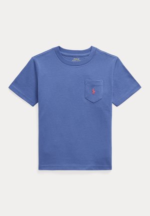 Blå t-shirt med korte ærmer og rund halsudskæring samt brystlomme med en lille pink broderet Polo Ralph Lauren-logo.