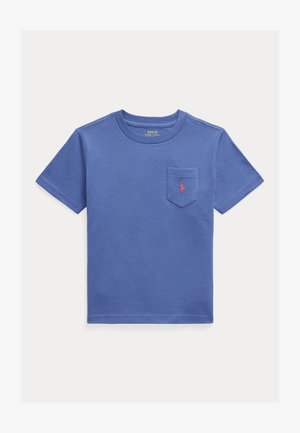 T-shirt bleu à manches courtes et col rond avec poche poitrine arborant un petit logo Polo Ralph Lauren rose brodé.