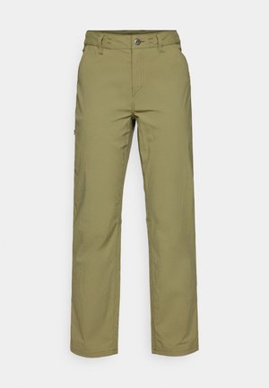 Oliwkowe spodnie o prostym kroju, wykonane z lekkiego materiału. Posiadają zapięcie na guziki oraz dwie przednie kieszenie.