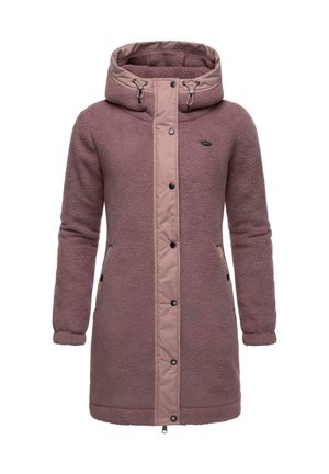 Fleece jacket in mauve with a contrasting pale pink front panel, snap buttons, a drawstring hood, and side pockets. Soft texture.