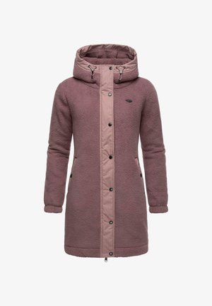 Fleecejacke in Mauve mit einem kontrastierenden, hellroten Frontpanel, Druckknöpfen, einer Kordelzugkapuze und Seitentaschen. Weicher Stoff.