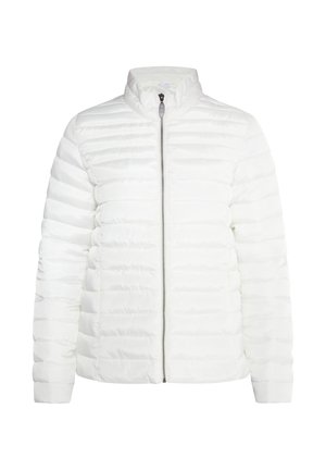 Jachetă puf albă cu guler înalt, model cu cusături verticale, închidere cu fermoar în față și textură netedă, lucioasă.