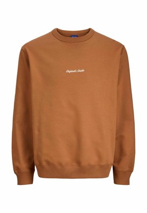 Barna crewneck pulóver, puha pamutból készült, fehér hímzett "Original Studio" felirattal a mellkasán, bordázott mandzsettával és aljjal.