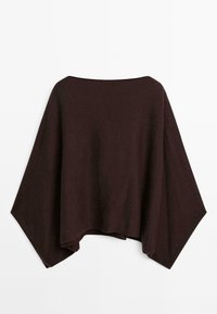 Poncho loose-fit marrone scuro con maniche ampie e scollatura a barca, esposto su uno sfondo bianco.
