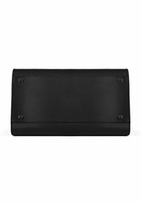 Czarna skórzana torebka o gładkiej teksturze, prostokątnym kształcie i minimalistycznym designie. Wyposażona w srebrne prostokątne ozdoby metalowe.