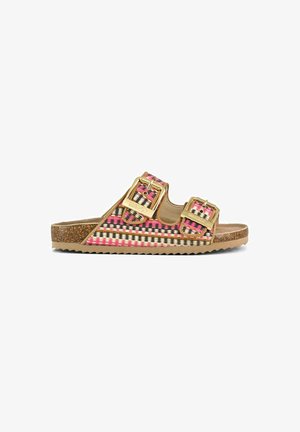 Infradito piatti con due fibbie dorate, caratterizzati da una strap intrecciata colorata con motivi rosa e neri. Soletta in sughero e suola testurizzata.