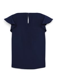 Abito blu navy a maniche corte con apertura a chiave sulla schiena, caratterizzato da maniche arricciate e una texture liscia, che scende fino all'orlo arrotondato.