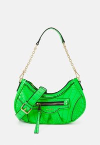 Borsa a tracolla verde con motivo coccodrillo e catena dorata, dotata di tasca con zip frontale e cinturino regolabile con fibbia. Finitura lucida.