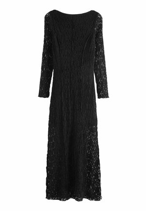 Robe longue noire en dentelle avec manches longues et silhouette ajustée, vue de dos sur fond blanc.