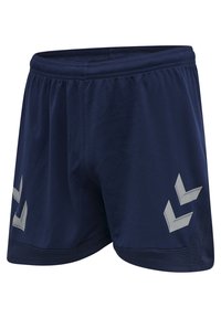Marineblauwe sportshorts met elastische tailleband, voorzien van tonale meshstructuur en metallic zilveren chevrondesign aan de onderrand.