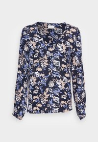 Blusa de manga longa feita de tecido leve, com fundo azul-marinho e padrões florais em branco, azul e rosa suave. Design de decote em V.
