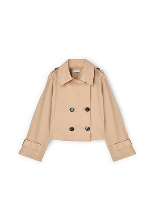Beige cropped trenchcoat med bred krave, dobbelte sorte knapper foran, lange ærmer, knappede skulderepauletter og sidelommer.
