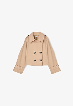 Beige cropped trenchcoat med bred krave, dobbelte sorte knapper foran, lange ærmer, knappede skulderepauletter og sidelommer.