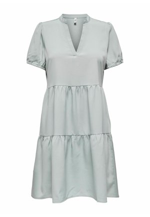 Light green tiered dress with short puff sleeves, V-neckline, made of smooth fabric, featuring a gathered waist and a flowing skirt.