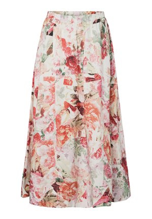 Kukkakuosinen hame, jossa punaisia, vaaleanpunaisia ja vihreitä kukkia, joustava vyötärö, sivutaskut, midipituisuus ja helma on liehuvaa kangasta.