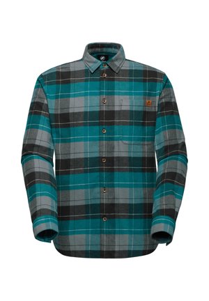 Geruit flanellen shirt in teal, grijs en zwart. Heeft lange mouwen, een kraag en een borstzak met bruine knopen.