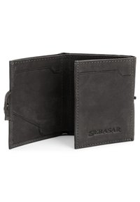 Black leather wallet with a simple design, featuring card slots, a clasp, and subtle stitching. Embossed logo on the front.