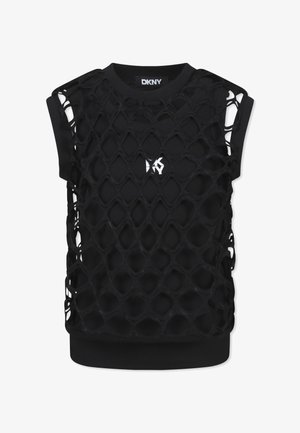 Zwart mouwloos topje met een mesh overlay met ruitpatronen, ribbelstof eronder en een subtiele logo aan de voorkant.
