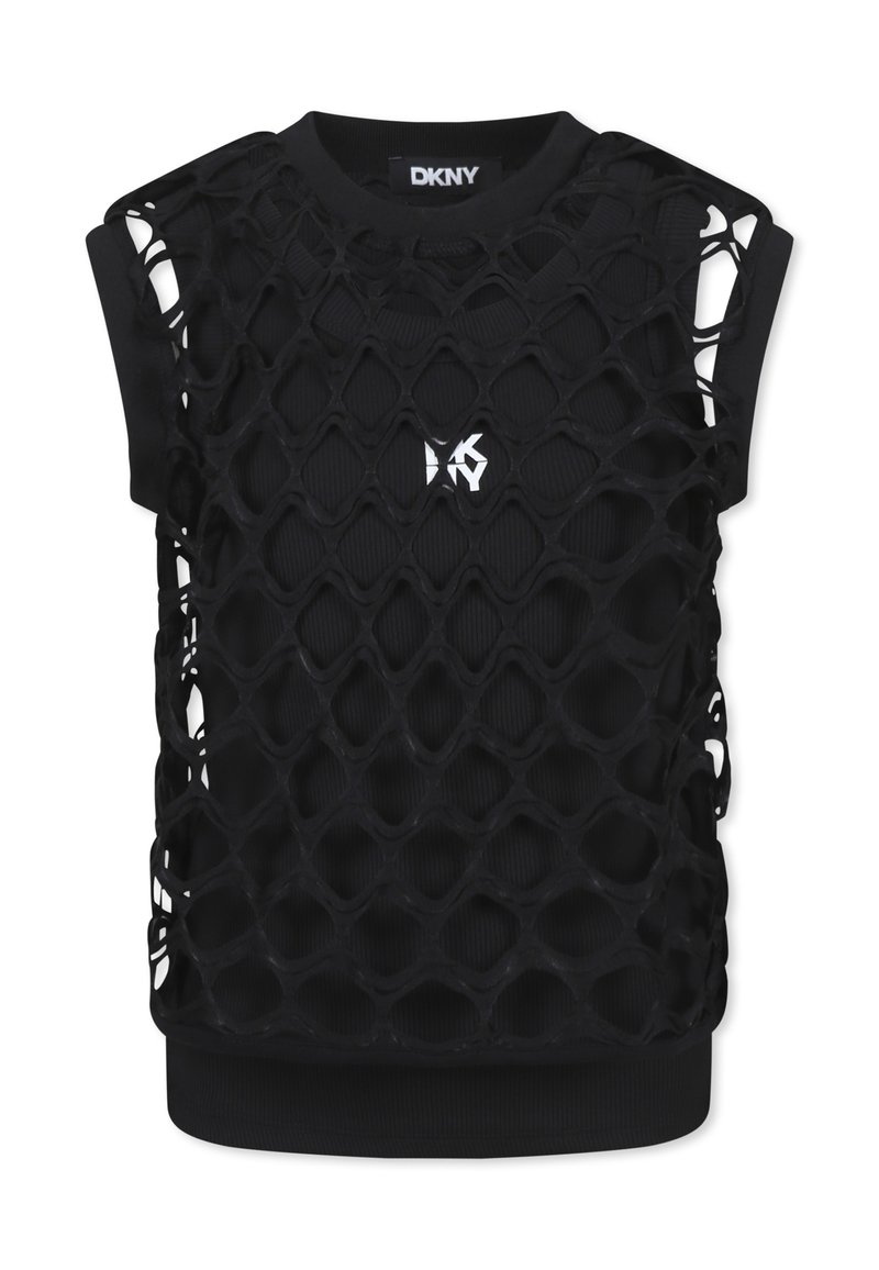 Top noir sans manches avec un recouvrement en maille à motifs de diamants, un tissu côtelette en dessous, et un logo discret à l'avant.