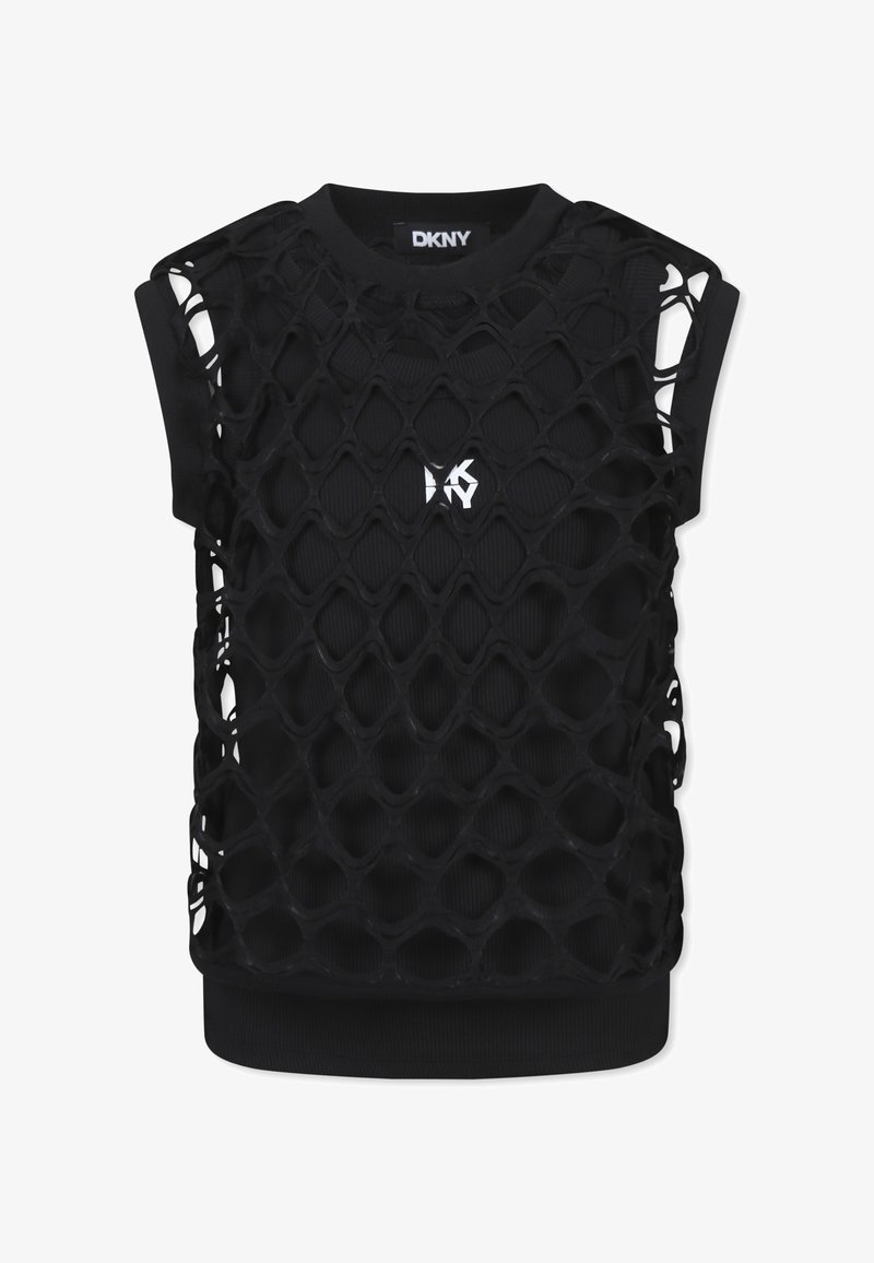 Top noir sans manches avec un recouvrement en maille à motifs de diamants, un tissu côtelette en dessous, et un logo discret à l'avant.