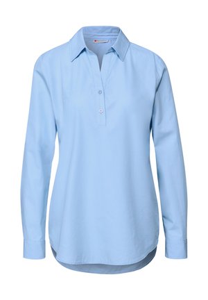 Hellblaues Langarmshirt mit kragenförmigem Ausschnitt, zwei Knöpfen vorne, geradem Schnitt und abgerundetem Saum. Aus Baumwolle, sanfte Textur.