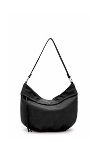 Black leather shoulder bag with a slouchy design, curved shape, a top flap, and a single strap with metallic hardware accents.