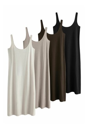 Vier ärmellose Kleider mit Rundhalsausschnitt in Beige, Taupe, Dunkelbraun und Schwarz, nebeneinander auf weißem Hintergrund angeordnet.