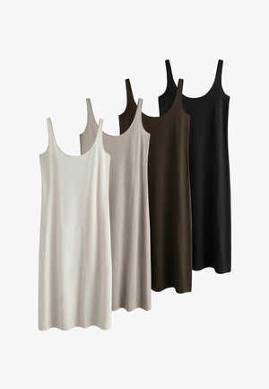 Fire ærmeløse kjoler med rund halsudskæring i beige, taupe, mørkebrun og sort, arrangeret side om side på en hvid baggrund.
