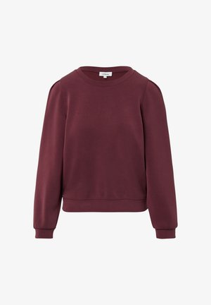 Bordeauxrotes Sweatshirt mit rundem Ausschnitt, langen Ärmeln, gerippten Bündchen und leicht verkürztem Saum. Hergestellt aus weichem, dehnbarem Material.